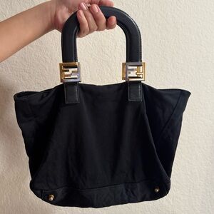 Fendi black cloth and leather tote purse with pochette